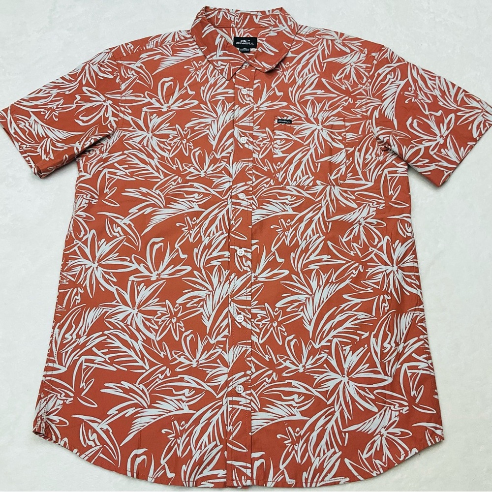 NWOT O'Neill Men's Medium Rust Orange Floral Short Sleeve Button Down Shirt